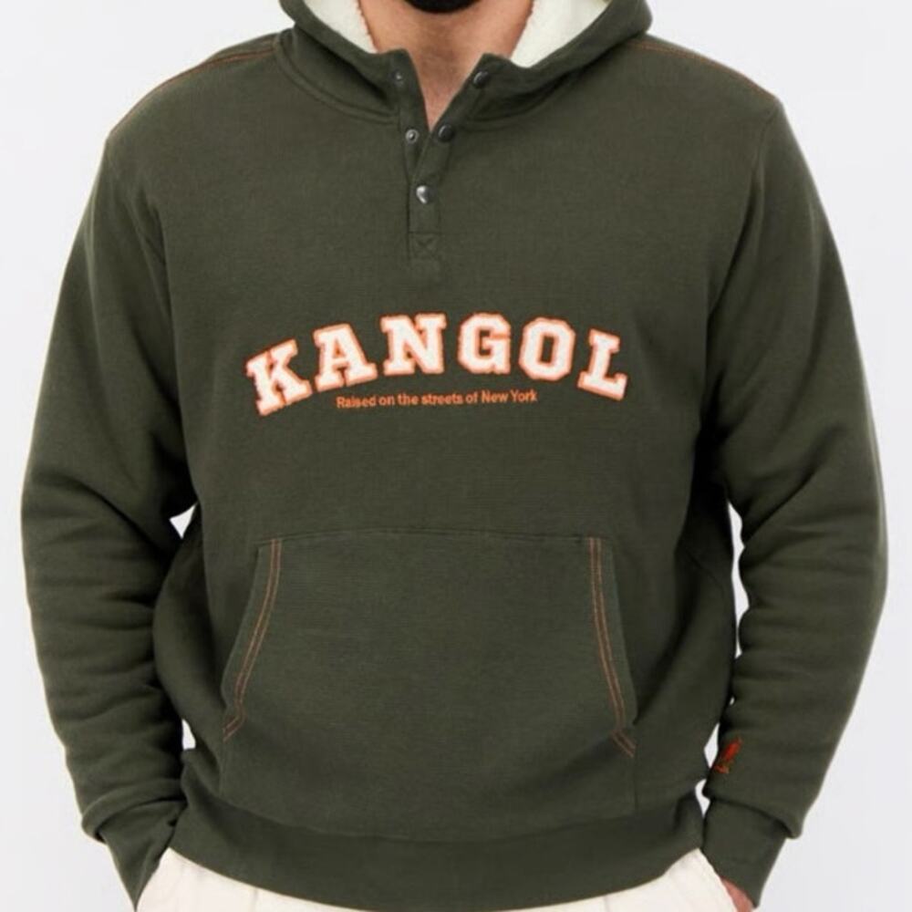 Kangol Sherpa Hoodie Waffle Knit Sweatshirt Embroidered Men’s Small Dark Green